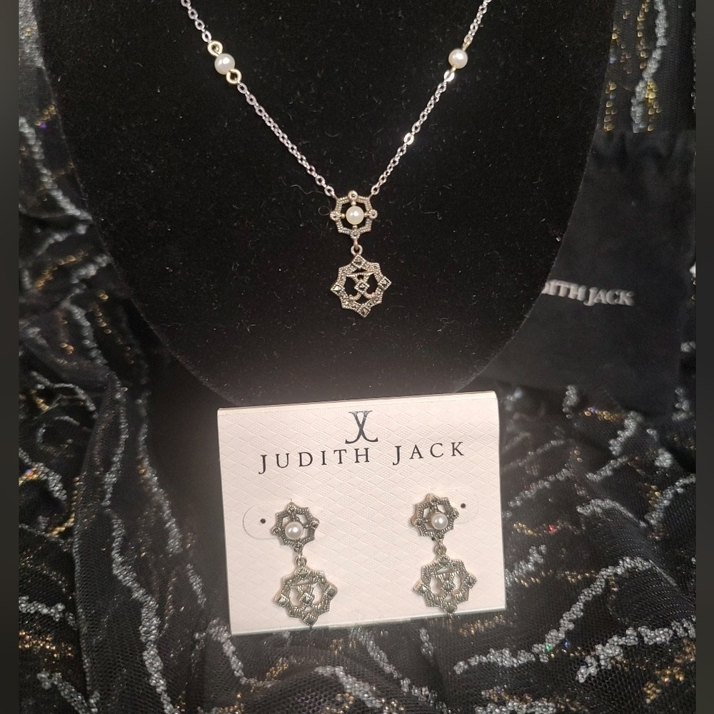 Judith Jack Necklace Earrings Sterling Silver Marcasite & Mother of Pearl